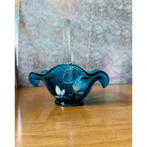 Fenton glass basket hand painted by S.Stephens turquoise blue glass